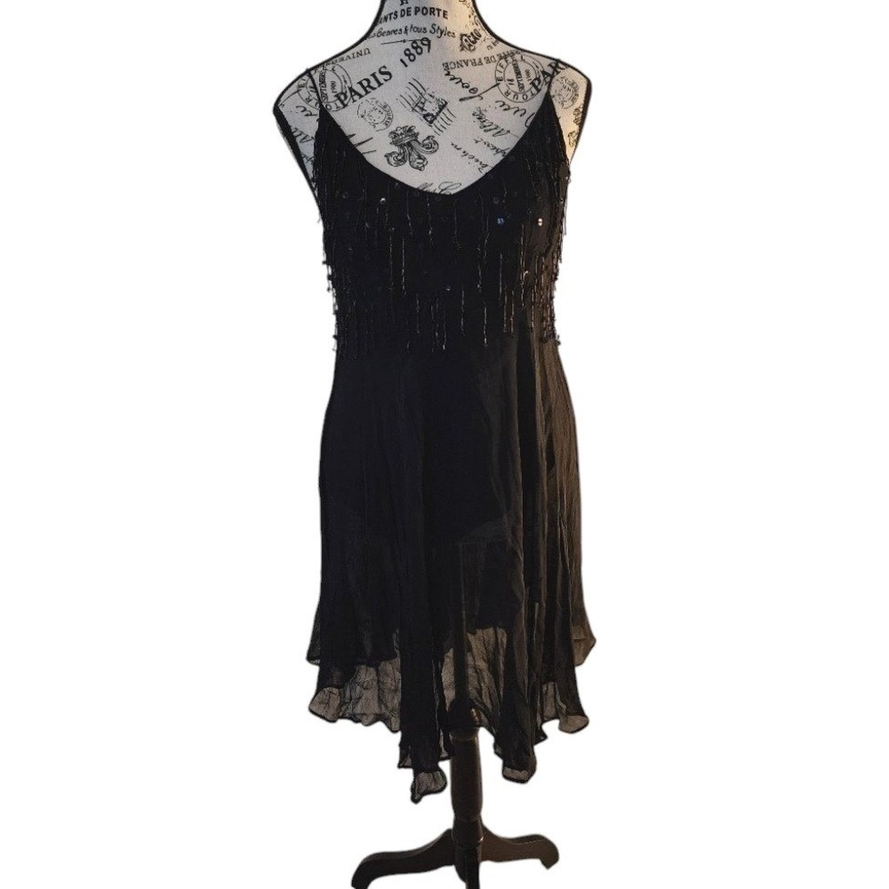 Nostalgia Black Fringe Flapper Dress Size M Boho Handkerchief Hem‎ As-Is
